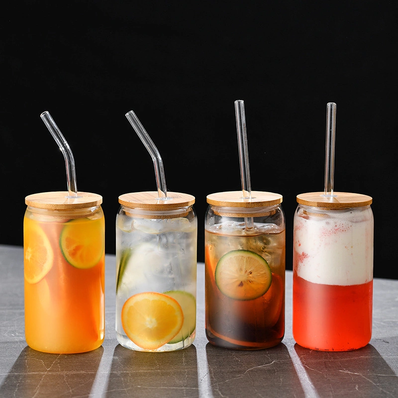 Set of 4 Amazon 16oz High Borosilicate Glass Drink Beer Coke Cup Straw Wooden Lid Cocktail Glass