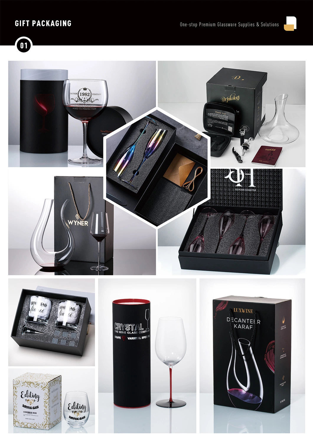 Luxury Custom Logo Iridescent Crystal Glass Toasting Champagne Glasses & Flutes in Gift Set Box for Wedding Party